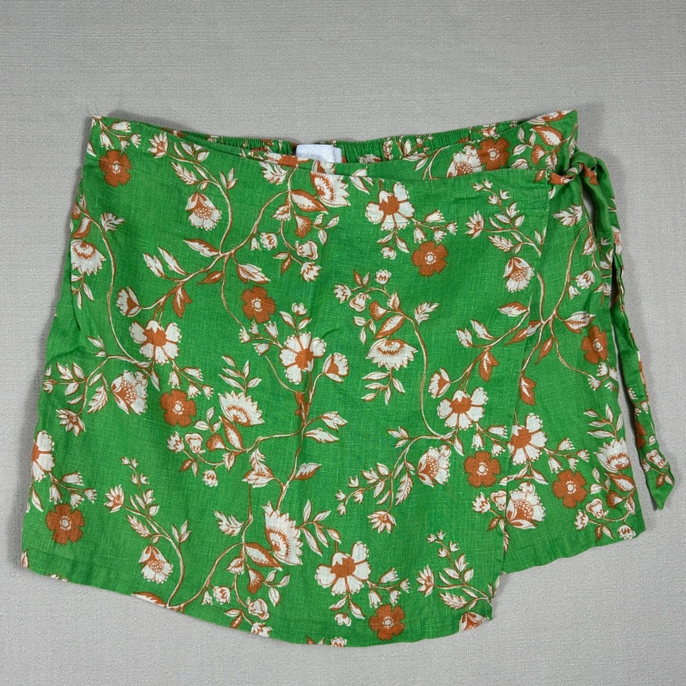 C & C California Linen Floral Wrap Skort Womens Large Green Summer Beach Shorts